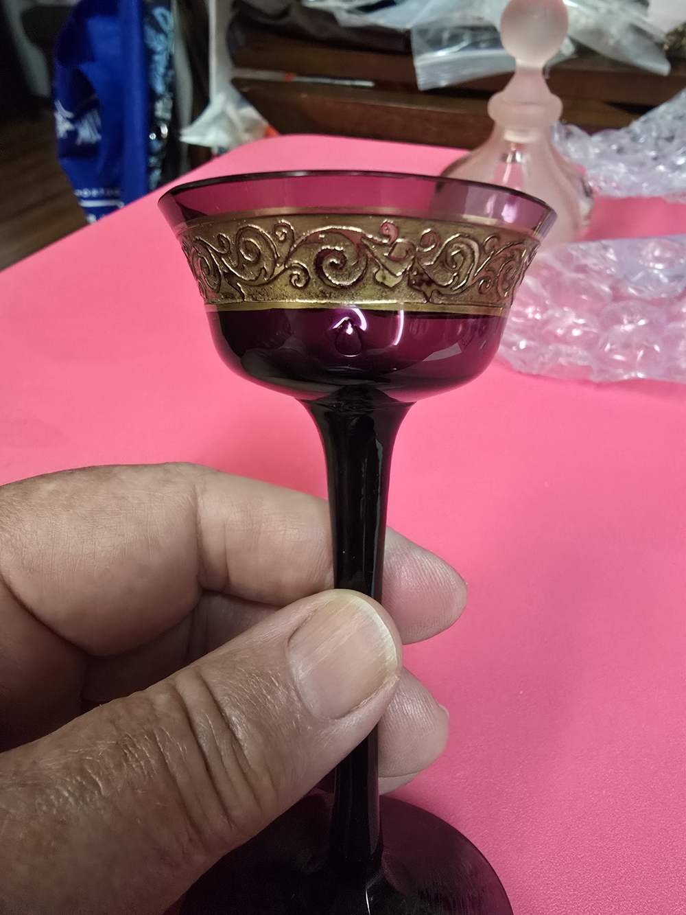 Antique Moshier Karisbad Amethyst Wine Glass Etched Gold Filigree Trim